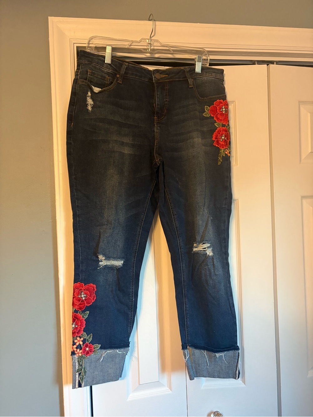 a.n.a Dark Blue Boyfriend Jeans with Red Floral Embroidery